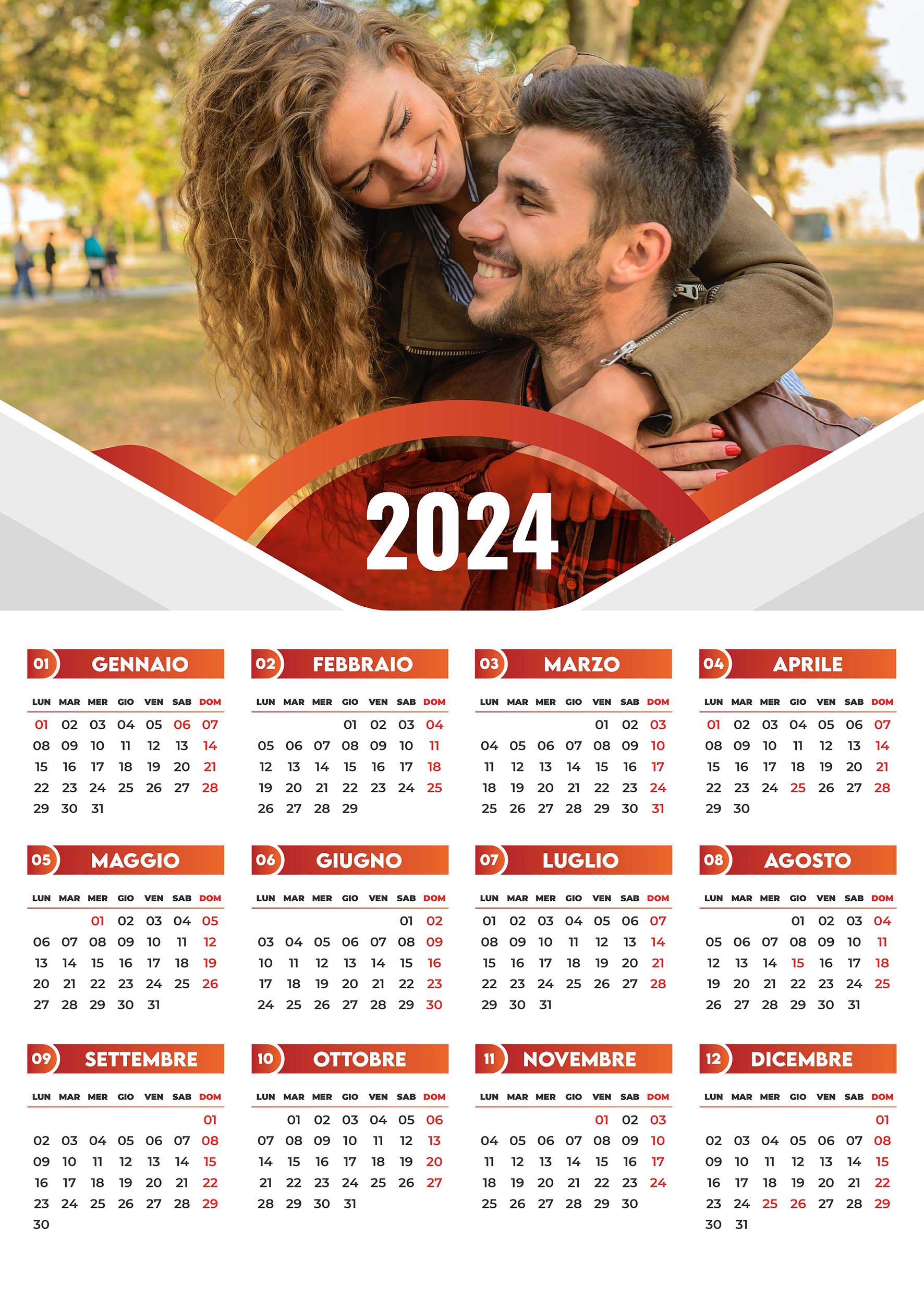 Calendario 2024 con inserti rosso e grigio